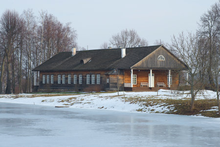 Manor house in Trigorskoye in the last days of winter. Pushkin Mountains, Russiaのeditorial素材