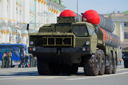ST. PETERSBURG, RUSSIA - MAY 05, 2015: Launcher anti-aircraft missile systems S-300PM on rehearsal...