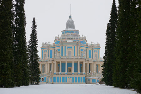 The sliding hill pavilion cloudy january afternoon. Oranienbaum, Russiaのeditorial素材