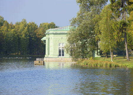 September evening at White lake at the pavilion of Venus. Gatchina Palace Park, Russiaのeditorial素材