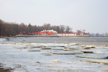 SAINT PETERSBURG, RUSSIA - MARCH 10, 2014: A view of the Monplaisir Palace on the Gulf of Finland, march afternoonのeditorial素材