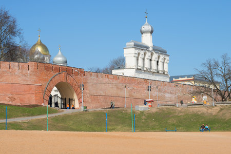 VELIKIY NOVGOROD, RUSSIA - APRIL 13, 2016: View of the bell tower of St. Sophia from the city beachのeditorial素材