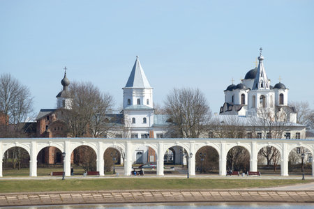 VELIKIY NOVGOROD, RUSSIA - APRIL 13, 2016: View of the Yaroslav courtyard april dayのeditorial素材