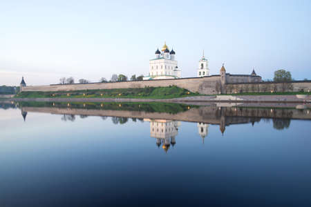 Pskov Kremlin in the may twilight from the side of the Great river. Russiaの写真素材
