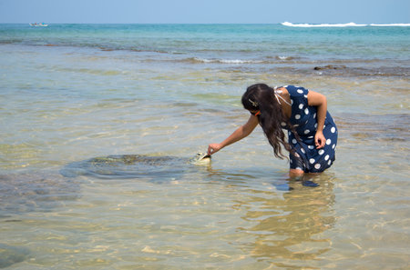 HIKKADUWA, SRI LANKA - MARCH 23, 2015: A woman feeds a sea turtle in the shallows, the famous resort of Hikkaduwaのeditorial素材