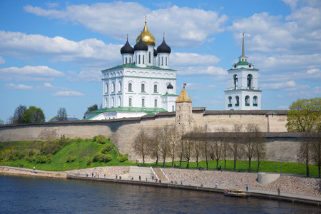 PSKOV, RUSSIA - MAY 07, 2016: Trinity Cathedral in the Pskov Kremlin, sunny may day. Religious landmark of the Pskovのeditorial素材