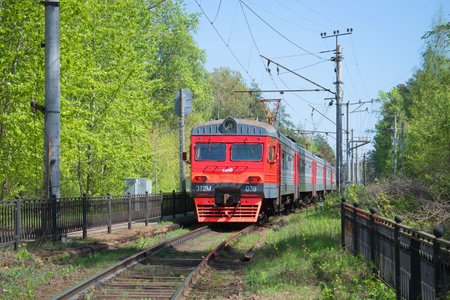 SAINT PETERSBURG, RUSSIA - MAY 15, 2016: The train is approaching the platform "Resort"のeditorial素材