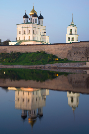 Trinity Cathedral and its reflection in the may twilight. Pskov, Russiaの写真素材