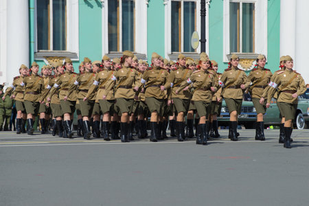 SAINT PETERSBURG, RUSSIA - MAY 05, 2015: Girls military doctors during world war II on the rehearsal of parade in honor of Victory Dayのeditorial素材