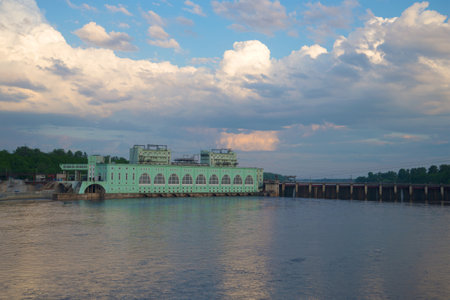 View on the Volkhov hydroelectric station in the june twilight. Russiaのeditorial素材