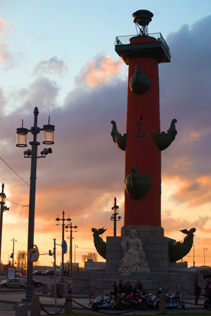 SAINT PETERSBURG, RUSSIA - APRIL 23, 2016: Rostral column closeup at sunsetのeditorial素材