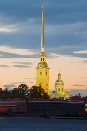 View on the bell tower of Peter and Paul Cathedral during the white nights. Saint Petersburg, Russiaのeditorial素材