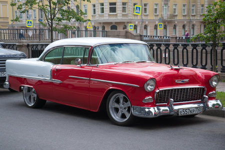 SAINT PETERSBURG, RUSSIA - JUNE 18, 2016: American full-size Chevrolet Bel Air 1955 year close-up on the streets of St. Petersburgのeditorial素材