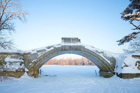 Arch of the old Humpback bridge closeup in the historical part of Gatchina, winter january dayのeditorial素材