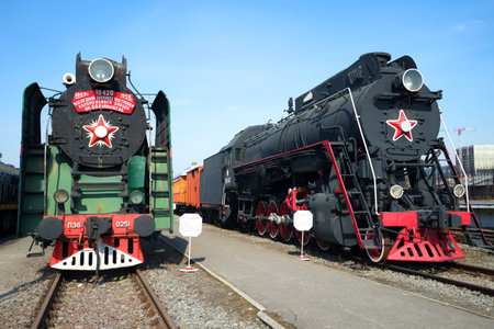 ST. PETERSBURG, RUSSIA - MARCH 30, 2016: Soviet steam locomotives P-36 and LP-18 in the Museum of the October railway. Saint Petersburgのeditorial素材
