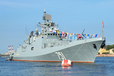 ST. PETERSBURG, RUSSIA - JULY 28, 2016: the Patrol ship Admiral Essen in the Neva river in sunny...
