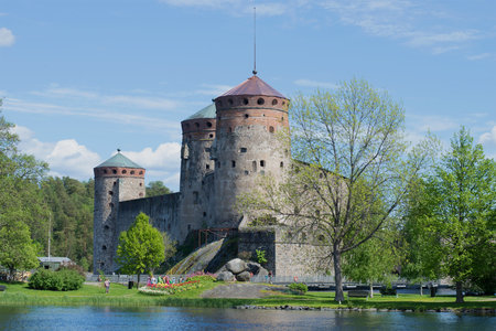 Medieval Olavinlinna castle in june on sunny day. Savonlinna, Finlandのeditorial素材