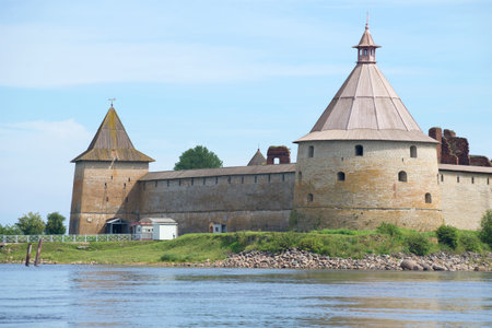 Two ancient towers (Golovin and Sovereign) close-up on a summer day. Oreshek fortress, Russiaのeditorial素材
