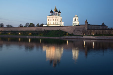 Holy Trinity Cathedral and the Pskov Kremlin of the may twilight. Russiaのeditorial素材