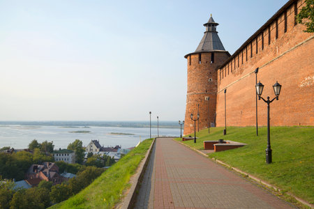 Summer evening at the walls of Nizhny Novgorod Kremlin. Russiaのeditorial素材