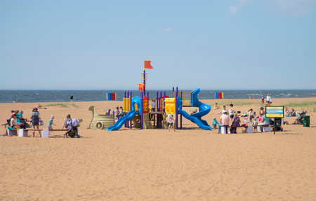 ZELENOGORSK, RUSSIA - JUNE 21, 2015: Children play area on the beach of the Gulf of Finlandのeditorial素材