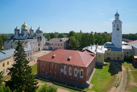 A view on the internal courtyard of the Kremlin, sunny day in july. Veliky Novgorodのeditorial素材