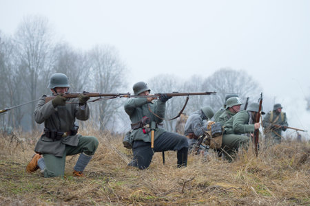 GATCHINA, RUSSIA - NOVEMBER 07, 2015: German infantry during the First World War in battle. International military-historical festival "the Civil war in Russia. North-West, 1919"のeditorial素材