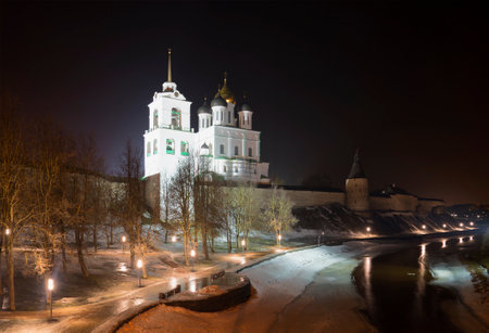 Old Trinity Cathedral of the Pskov Kremlin, february nightのeditorial素材
