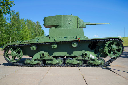 LENINGRAD REGION, RUSSIA - JUNE 08, 2015: Soviet light tank T-26 in profile closeup. The historical landmarkのeditorial素材