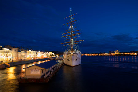 SAINT PETERSBURG, RUSSIA - JULY 06, 2015: View of the cruise ship "Sea Cloud II" on the English Marina, white night. The tourist landmark of the city Saint Petersburgのeditorial素材