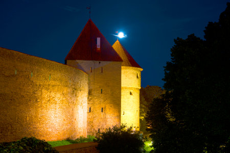 TALLINN, ESTONIA - AUGUST 01, 2015: Dark summer night at the medieval towersのeditorial素材