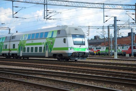 KOUVOLA, FINLAND - AUG 20, 2016: Head coach two-storey modern diesel passenger trains at the railway...