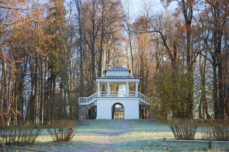PUSHKINSKIYE GORY, RUSSIA - OCTOBER 18, 2014: The Grotto pavilion in the first October frost. Manor Petrovsky (family manor of ancestors of the russian poet A. S. Pushkin)のeditorial素材