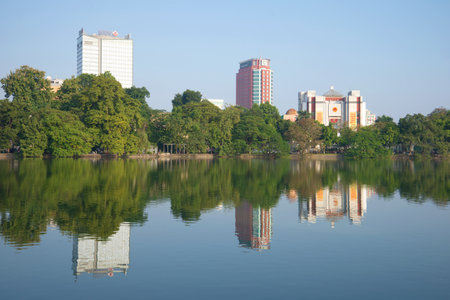 HANOI, VIETNAM - DECEMBER 13, 2015: Modern Hanoi. Lake Hoankyem panorama in the sunny dayのeditorial素材