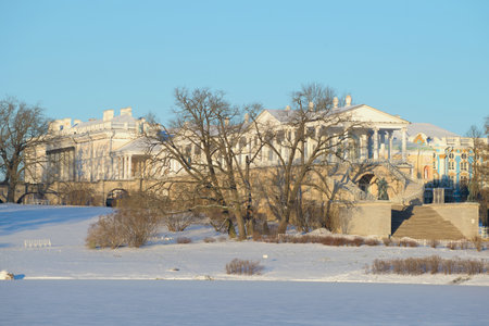View of the Cameron gallery sunny winter day. Catherine Palace in Tsarskoye Selo, Saint Petersburgのeditorial素材