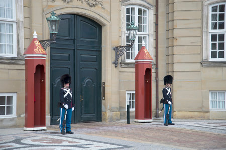 COPENHAGEN, DENMARK - NOVEMBER 03, 2015: The Danish national guardsmen on duty at the entrance to the Amalienborg castleのeditorial素材