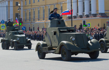 SAINT PETERSBURG, RUSSIA - MAY 09, 2015: Soviet armored vehicles during the great Patriotic war on the parade in honor of Victory dayのeditorial素材