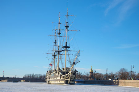 SAINT PETERSBURG, RUSSIA - JANUARY 20, 2017: Frigate Blagodat on the frozen Neva Sunny January day....