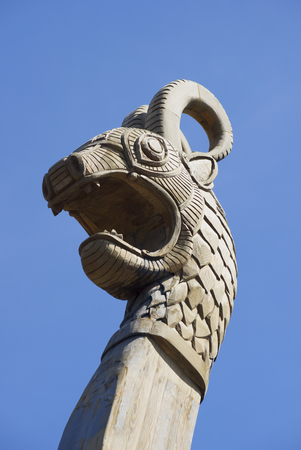 Dragon head - a fragment of a figurehead dragon boat, Viking ship in Vyborgの写真素材