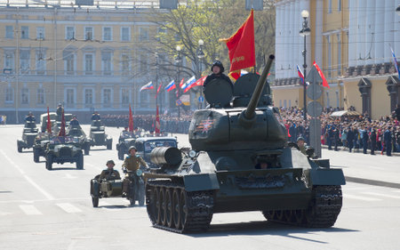 SAINT PETERSBURG, RUSSIA - MAY 09, 2015: The column of military equipment of the great Patriotic war on the parade in honor of Victory dayのeditorial素材
