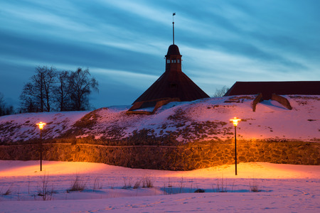 February evening at the bastion of on ancient Korela fortress. Priozersk, Russiaの写真素材