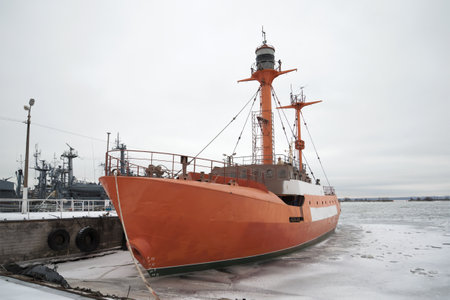 SAINT PETERSBURG, RUSSIA - JANUARY, 2017: The floating beacon Irbensky at the pier of Kronstadt...
