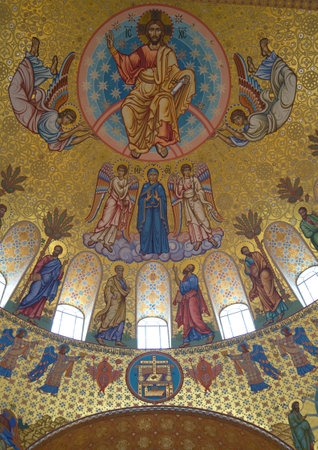 SAINT PETERSBURG, RUSSIA - JUNE 19, 2016: Jesus Christ with Archangels and apostles. Fragment of painting of the main dome of the Cathedral of St. Nicholas in Kronstadtのeditorial素材
