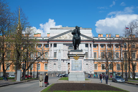 SAINT-PETERSBURG, RUSSIA - MAY 04, 2015: View of the monument to Peter the Great against the background of the Engineering Castle on a sunny May dayのeditorial素材