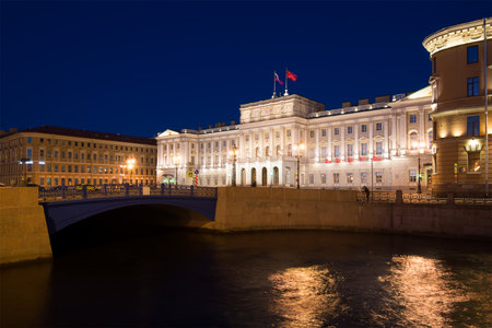 ST PETERSBURG, RUSSIA - MAY 03, 2017: View of the Blue bridge and the Mariinsky palace from the Moika River on the May nightのeditorial素材