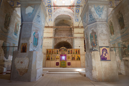Interior of the ancient Trinity Cathedral. Zelenets Trinity Monastery
