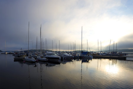 LAPPEENRANT, FINLAND - JUNE 12, 2017: Foggy June morning on Saimaa lakeのeditorial素材