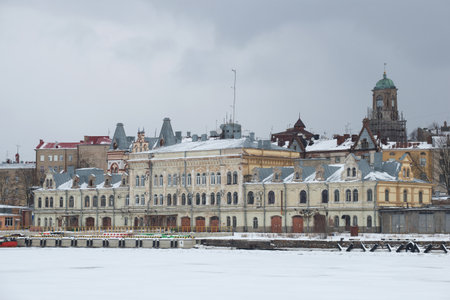 The old building of the cargo port administration in the gloomy. Vyborg, Russiaのeditorial素材