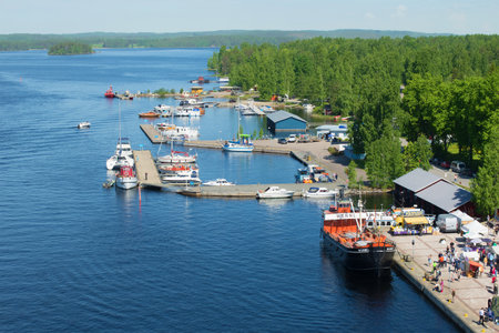PUMAULA, FINLAND - JUNE 17, 2017: View of the port of the town of Puumala on a June dayのeditorial素材