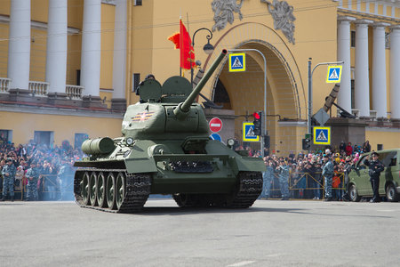 SAINT-PETERSBURG, RUSSIA - MAY 09, 2017: The legendary Soviet T-34 tank on the Victory Day parade